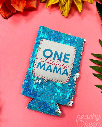 One Classy Mama Blue Sequin Slim Can Cooler
