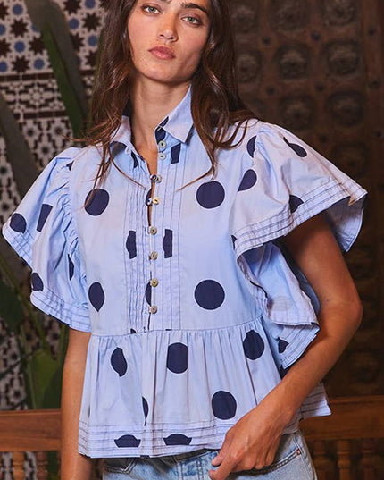 IT2337 Ruffle Sleeves Pintuck Detail Polka Dot Print top