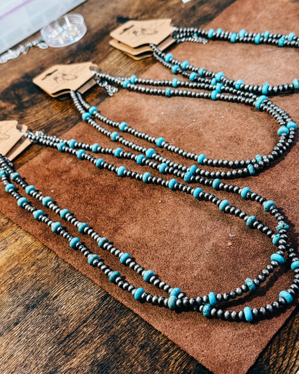 Faux Silver Rondelle Turquoise Beaded Navajo Pearl  Necklace