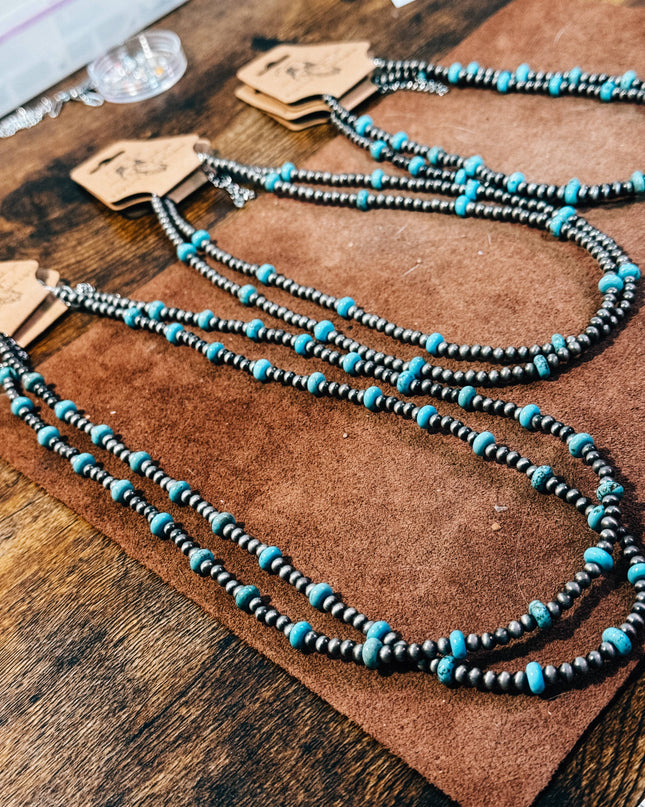 Faux Silver Rondelle Turquoise Beaded Navajo Pearl  Necklace