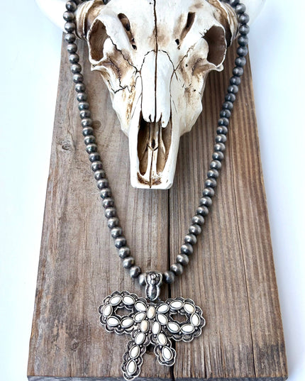 7MM Western Navajo Pearl Coquette Bow Stone Pendant Necklace