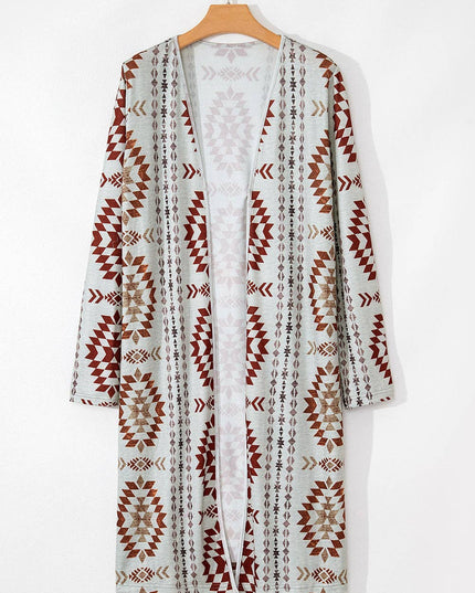 Brown Western Aztec Printed Open Front Long Cardigan