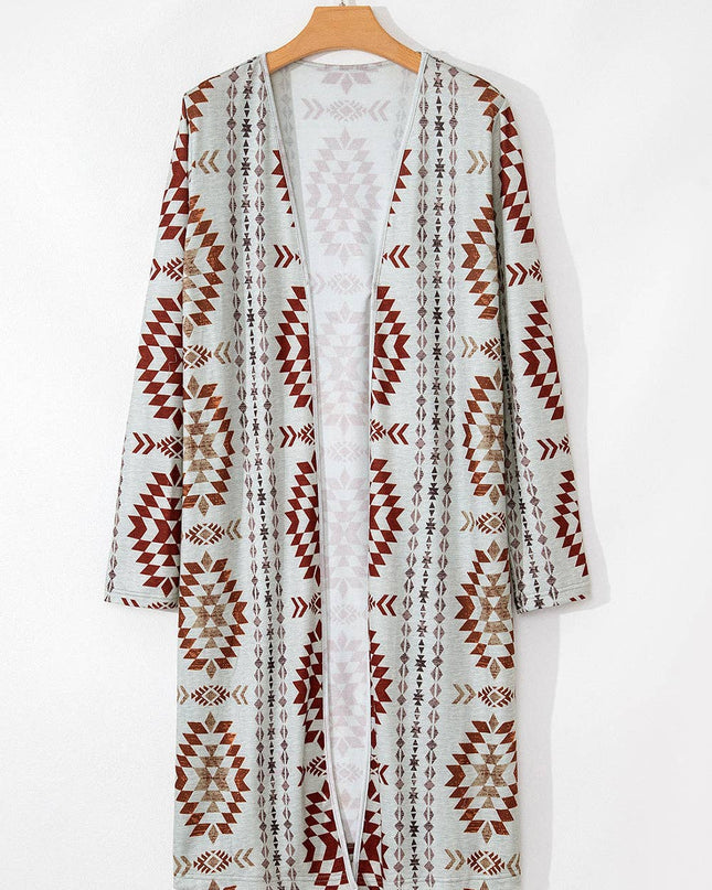 Brown Western Aztec Printed Open Front Long Cardigan