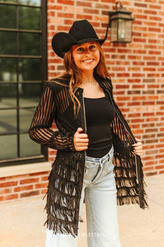 Black Mesh Tiered Suede Fringe Zip Up Shirt Jacket