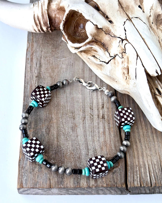 Western Style Navajo Pearl Checkered Trucker Hat Chain Band