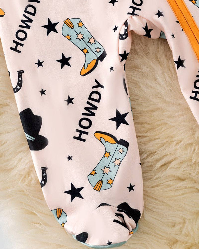 Howdy" Western printed on blue baby bodysuit . RPB50470 SOL