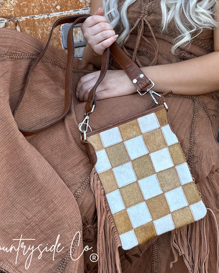 Stockdale Checkered Cowhide Fringe Purse, Brown & White