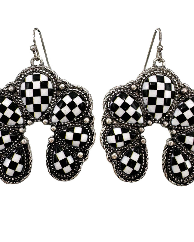 Checkered Print Western Squash Blossom Earrings