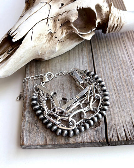 5 Layered Western Chunky Chain & Navajo Style Pearl Bracelet