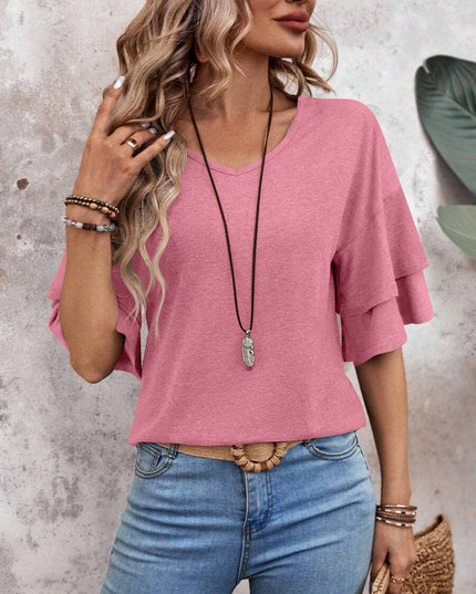 Solid Colour V-Neck Double Layer Sleeve Loose T-Shirt