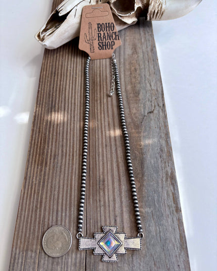 Western Aztec Stone Pendant Navajo Pearl Bead Necklace