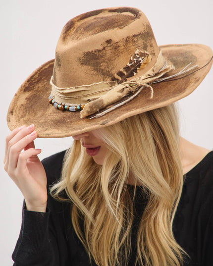 Distressed Fabric Band Feather Cowgirl Fedora Hat