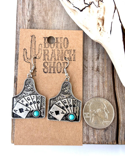 Western Playing Card with Stone Drop Dangle Earrings