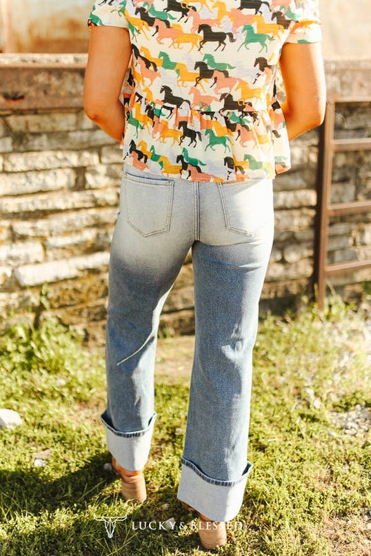 Mid Wash Cuffed Crease Wide Leg Mid Rise Jeans