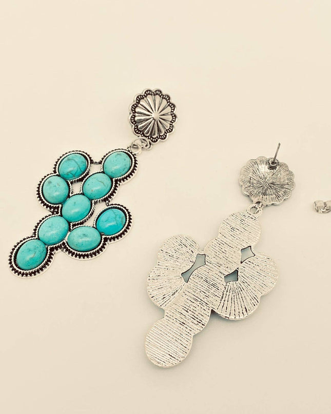 Western Style Turquoise Cactus Pendant Post Earrings - WJ
