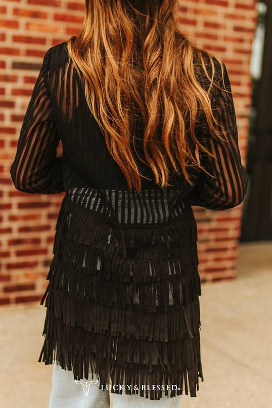 Black Mesh Tiered Suede Fringe Zip Up Shirt Jacket