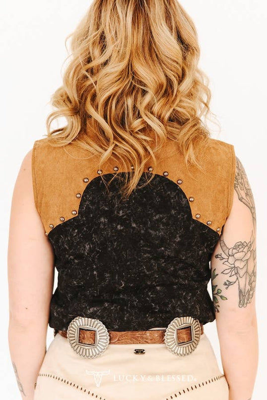  Black Mineral Wash Suede Vintage Studded Sleeveless Shirt