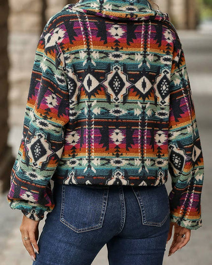 Western Aztec Pattern Button Up Fleece Crop Jacket