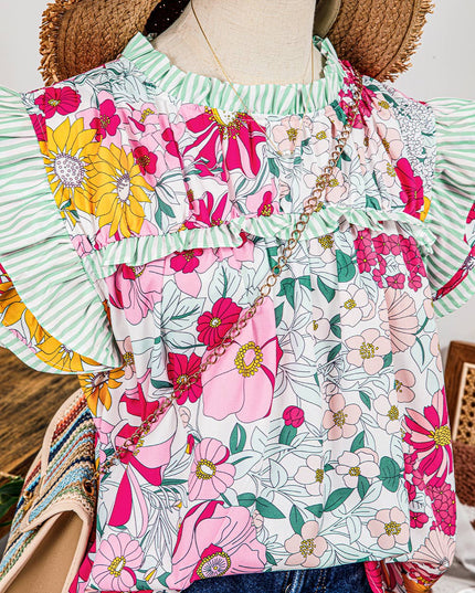 Fashion Floral Contrast Ruffle Trim Short Sleeve Boho Blouse