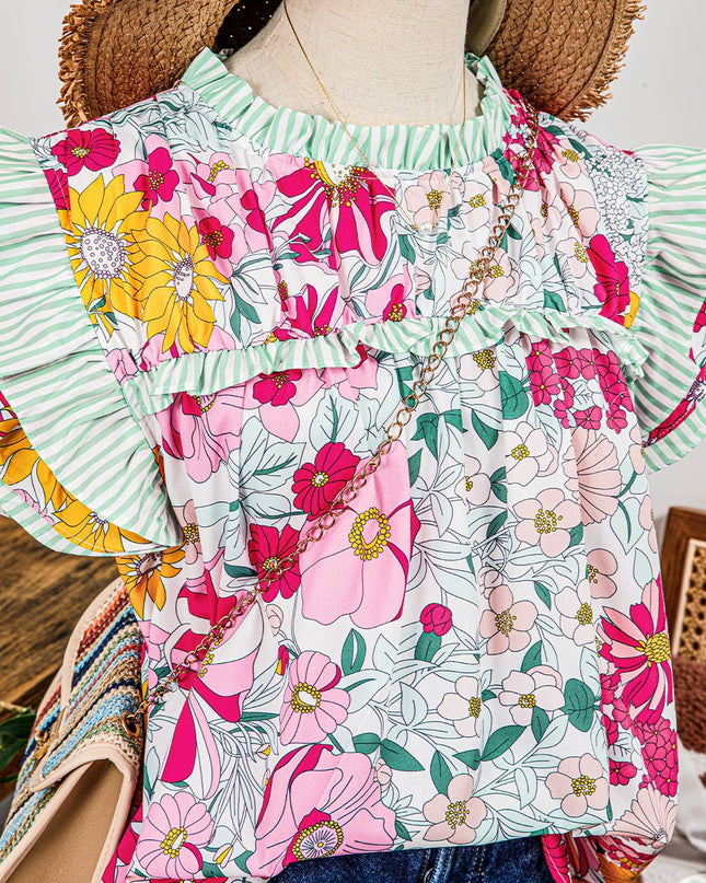 Fashion Floral Contrast Ruffle Trim Short Sleeve Boho Blouse