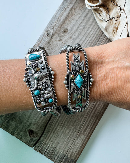 Western Bracelet Navajo Style Turquoise Accent - Rhinestones