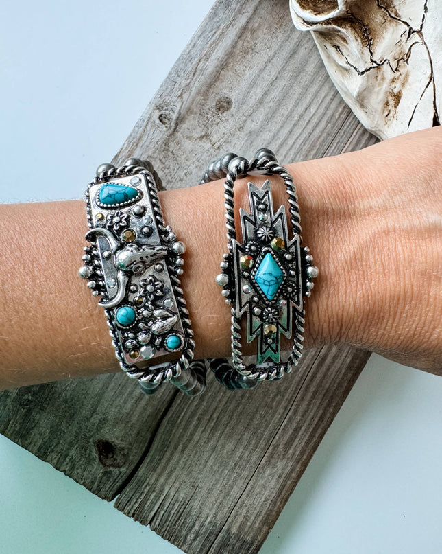Western Bracelet Navajo Style Turquoise Accent - Rhinestones
