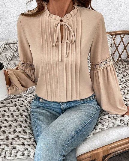 Long Sleeves Loose Pleated Solid Color Split-Joint V-Neck Blouses&Shirts Tops