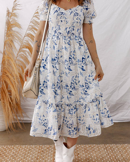 Sky Blue Smocked Bodice Short Puff Sleeve Tiered Floral Midi Dress
