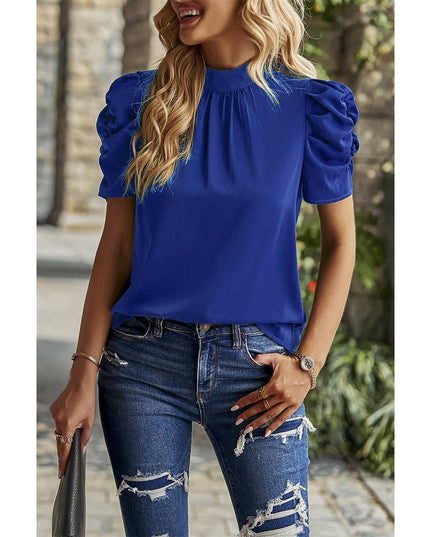 Solid Puff Short Sleeve Mock Neck Pleated T Shirt
