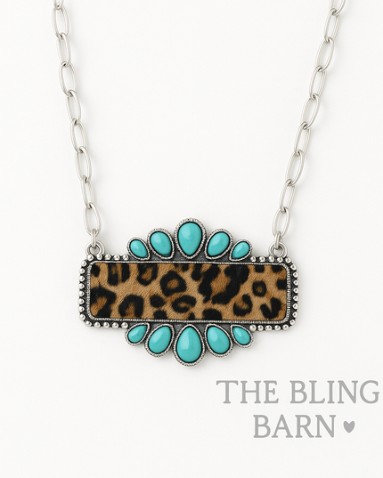Sunset Standoff Necklace – Turquoise & Leopard Western Statement Piece