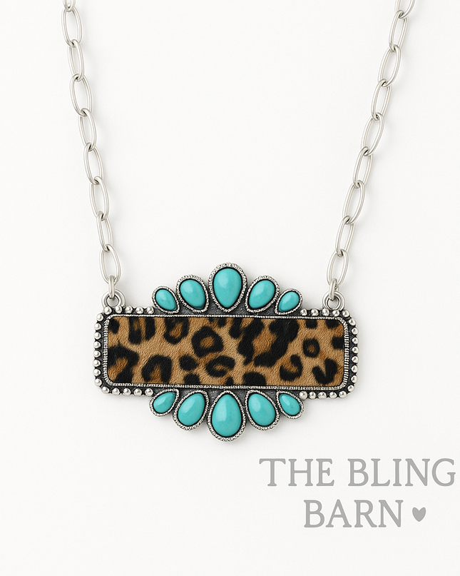 Sunset Standoff Necklace – Turquoise & Leopard Western Statement Piece