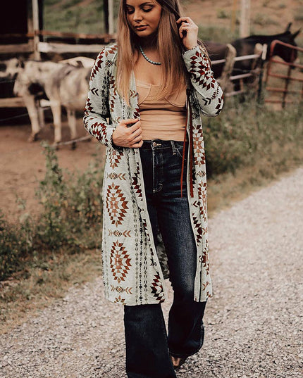 Brown Western Aztec Printed Open Front Long Cardigan