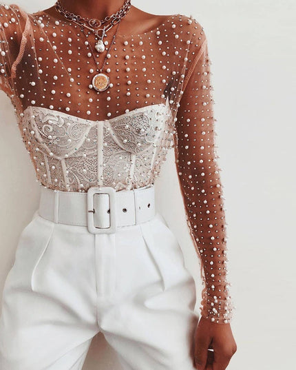Pearl rhinestone sheer mesh see through top
