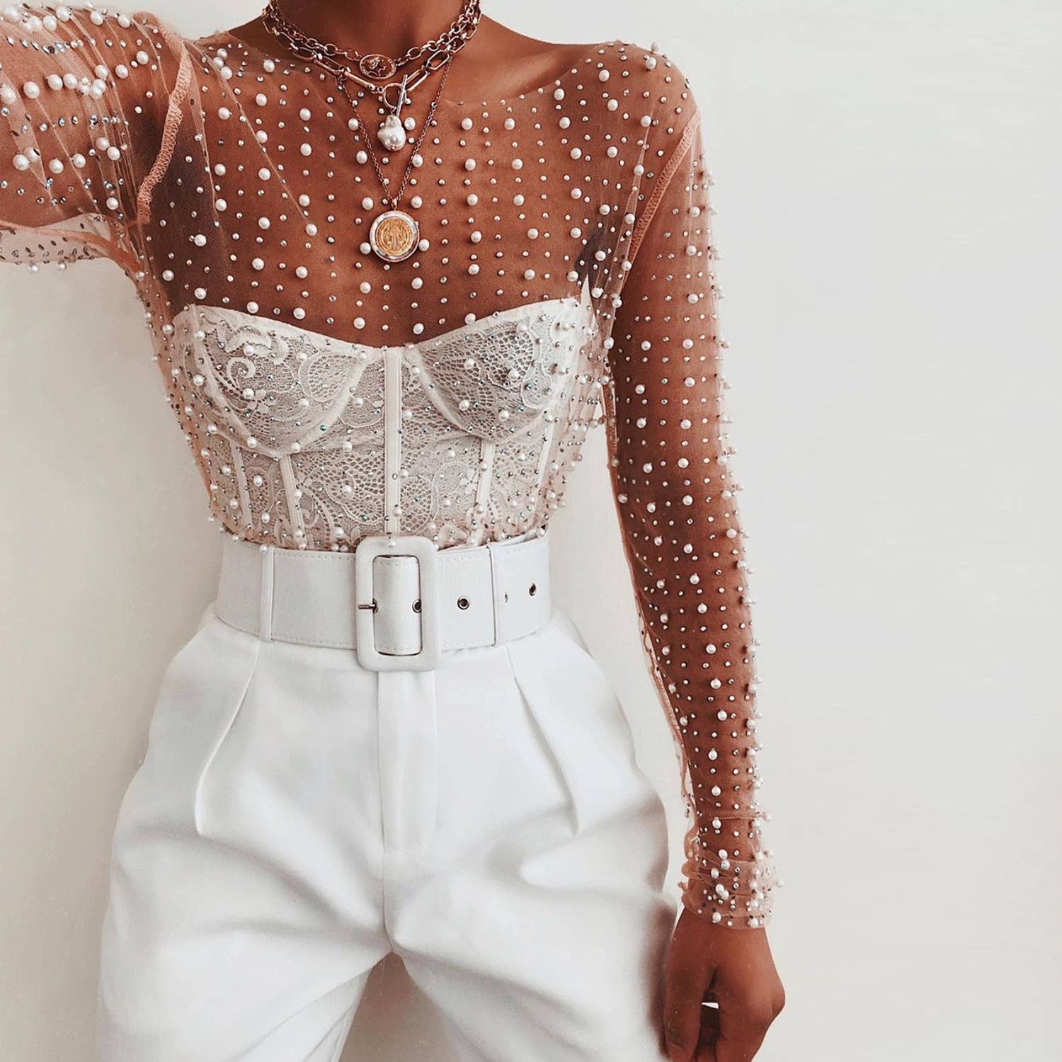 See Through Rhinestone Pearl rhinestone sheer mesh see through top – 5.21Co
