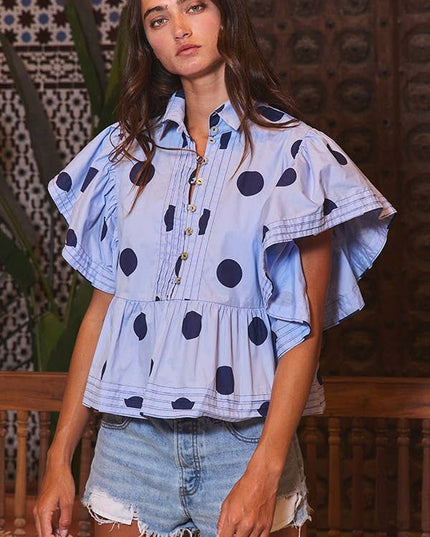 IT2337 Ruffle Sleeves Pintuck Detail Polka Dot Print top