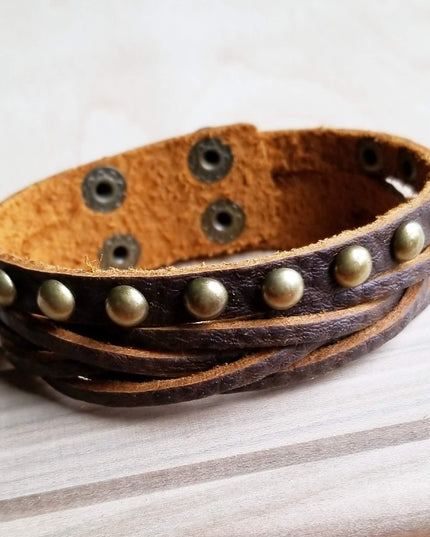 Multi-Strand Leather Cuff with Antique Gold Studs 007s
