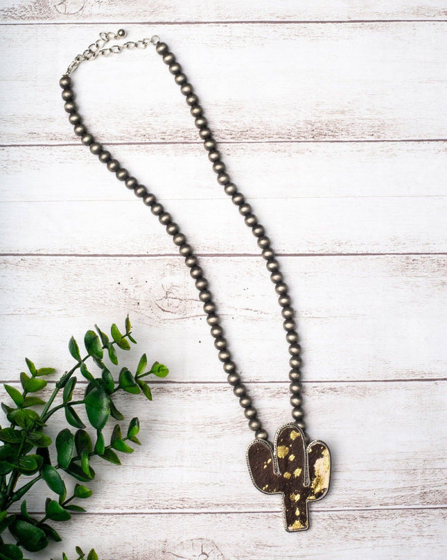 WANTED AND WILD BLACK COWHIDE CACTUS PENDANT ON NAVAJO PEARLS NECKLACE