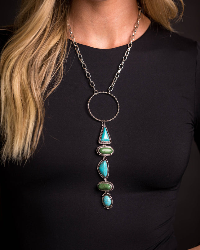 20" Silver  Chain Necklace with Ring and Turquoise and Green