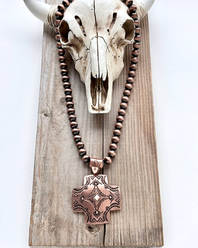 Western Style Navajo Pearl Turquoise Cross Pendant Necklace
