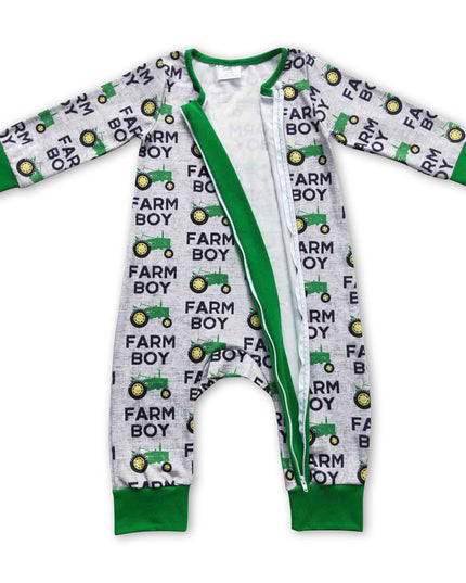 Pink tractor farm girl ruffle baby zipper romper