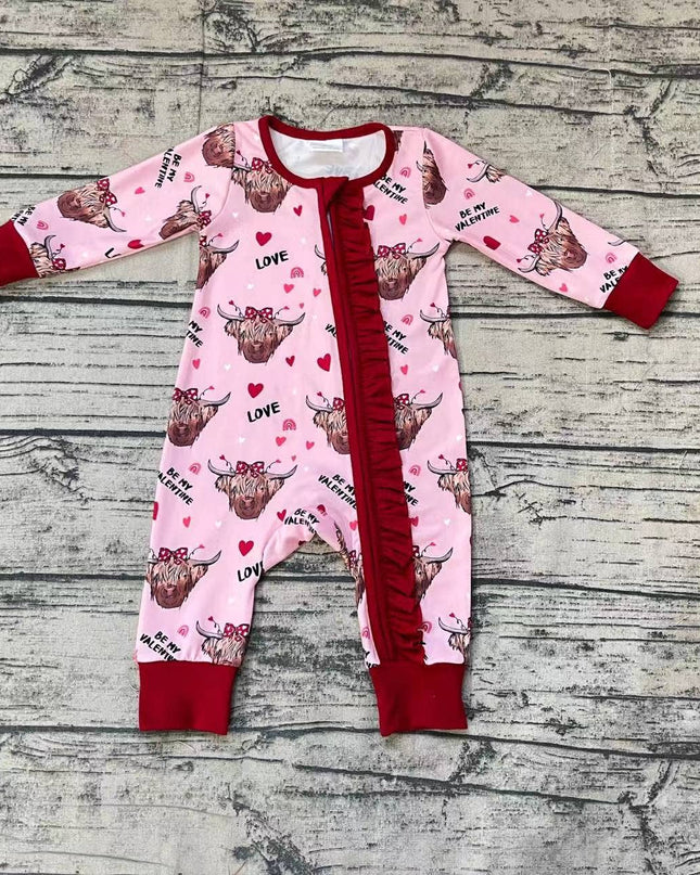 Baby Girls Western Highland Cow Valentines Hearts Zip Romper
