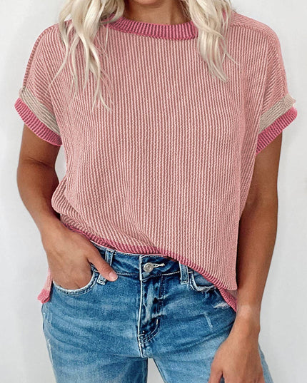 Textured Contrast Trim Round Neck T Shirt