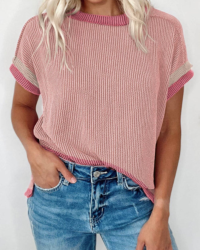 Textured Contrast Trim Round Neck T Shirt