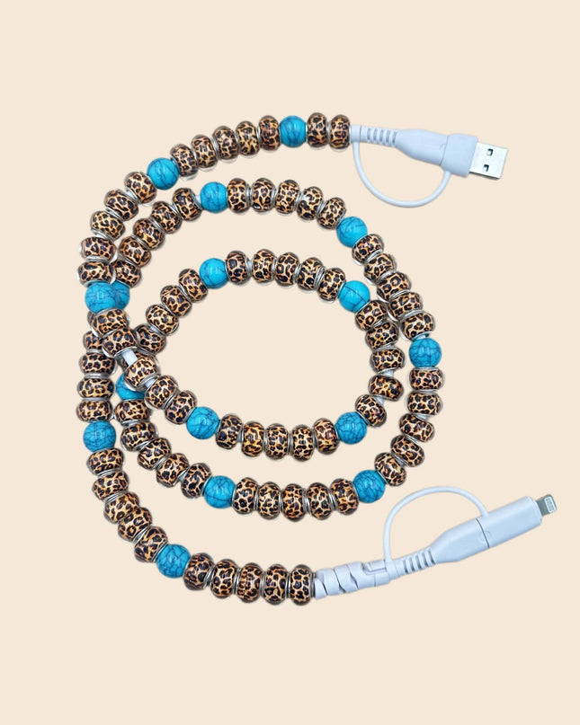 LEOPARD BEADED PHONE CHARGING CABLE 4-IN-1