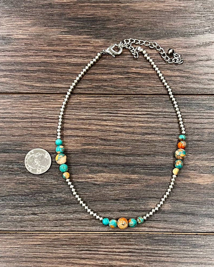 739542, Handmade 15" Sliver Navajo Gemstone Necklace