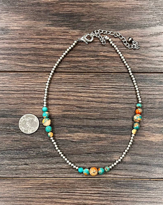 739542, Handmade 15" Sliver Navajo Gemstone Necklace