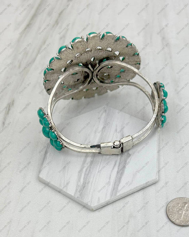 BR211230-01SILVER-GREEN                         Silver with green turquoise stone Concho Cuff Bracelet