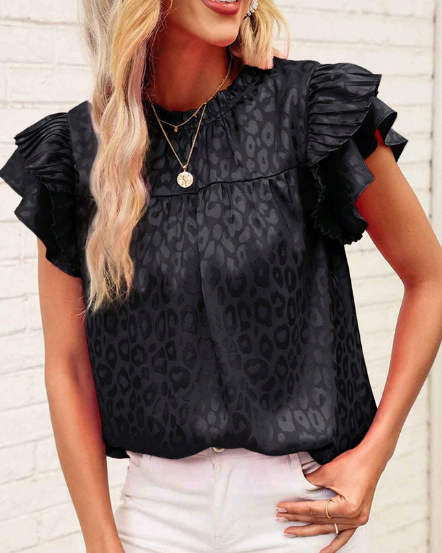 Printed Lotus Leaf Sleeve Wave Neck Women's Top