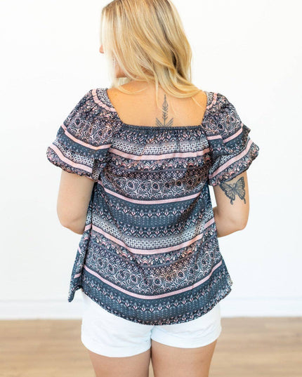 Mixed Print Peasant Blouse
