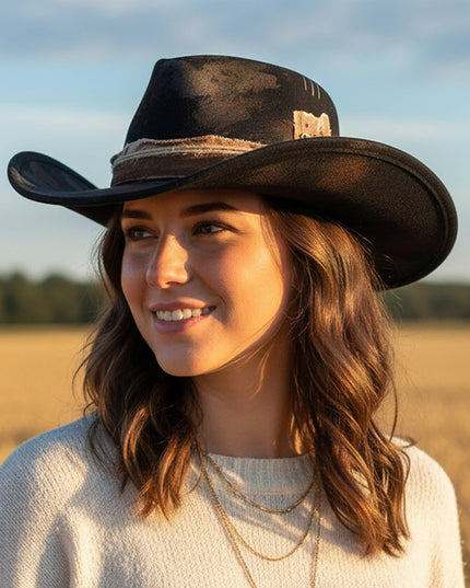 Distressed Fabric Band Rustic Cowgirl Fedora Hat